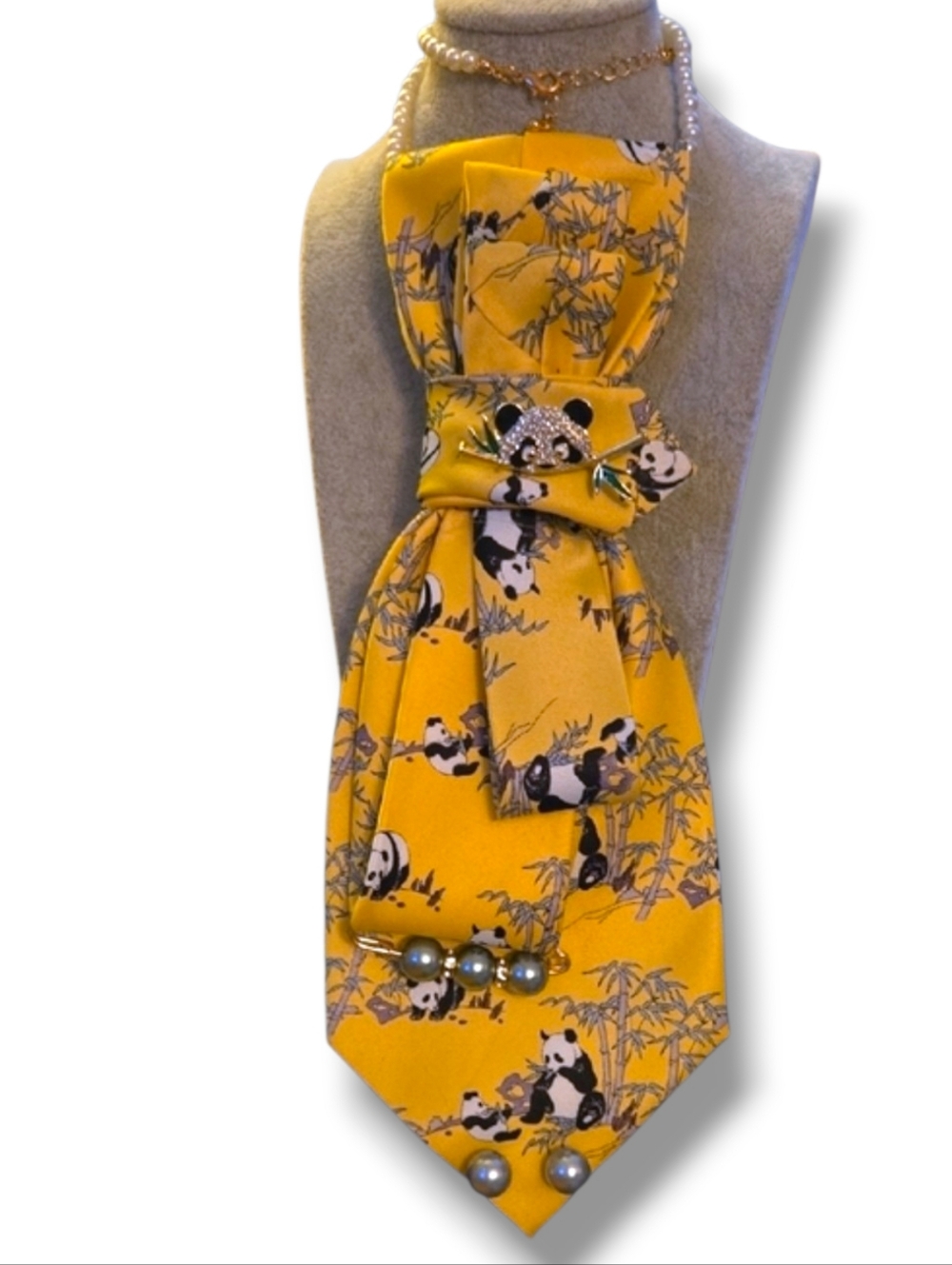 3/$60 Yellow Panda Print Folded Cravat with Panda Brooch and Pearl Accents